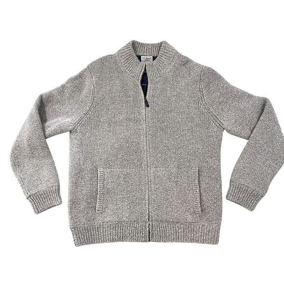 VTG. LL Bean Sweater Mens Large Gray Lambswool Full Zip Plaid Lined Jacket - Picture 1 of 11